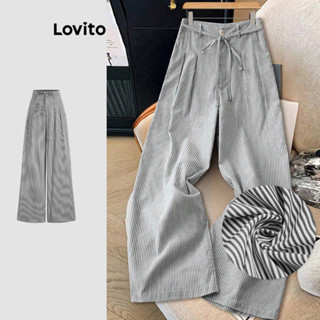 Lovito กางเกงโบโฮ กางเกงขายาวสีดำ ทรงหลวม ผูกเชือก ติดกระดุม…