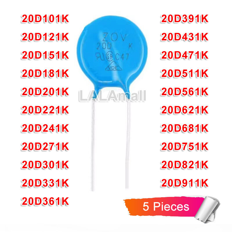 5 ชิ้น/ล็อต MOV Vartor 20D101K 20D 121K 151K 181K 201K 221K 241K 371K 301K 331K 361K 391K 431K 431K 