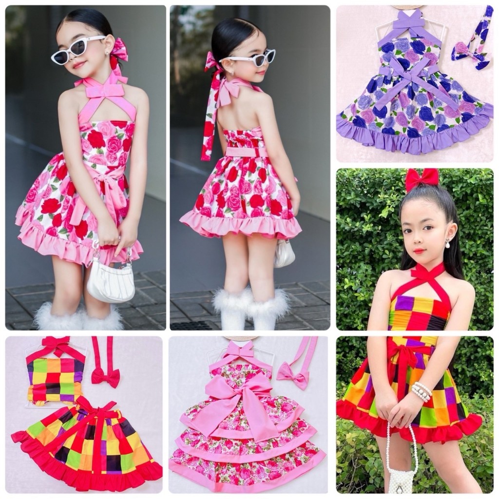 เดรสลายดอก เด็กผู้หญิง ทองกวาว เดรสตาราง  เสื้อผูกคอ+กระโปรงบานๆระบาย+ผ้าคาดผม+ผ้าผูกเอว DDS