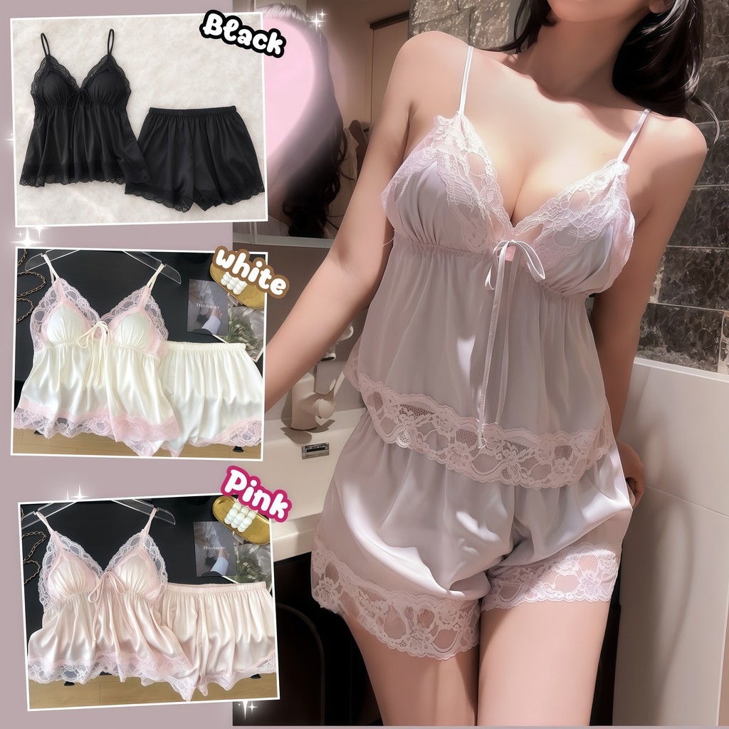 LACE CHILLI เซ็ตชุดนอน ชุดเซทเสื้อ+กางเกง วัสดุผ้าซาติน 🍪 M-5XL | 40-100กก. L-527