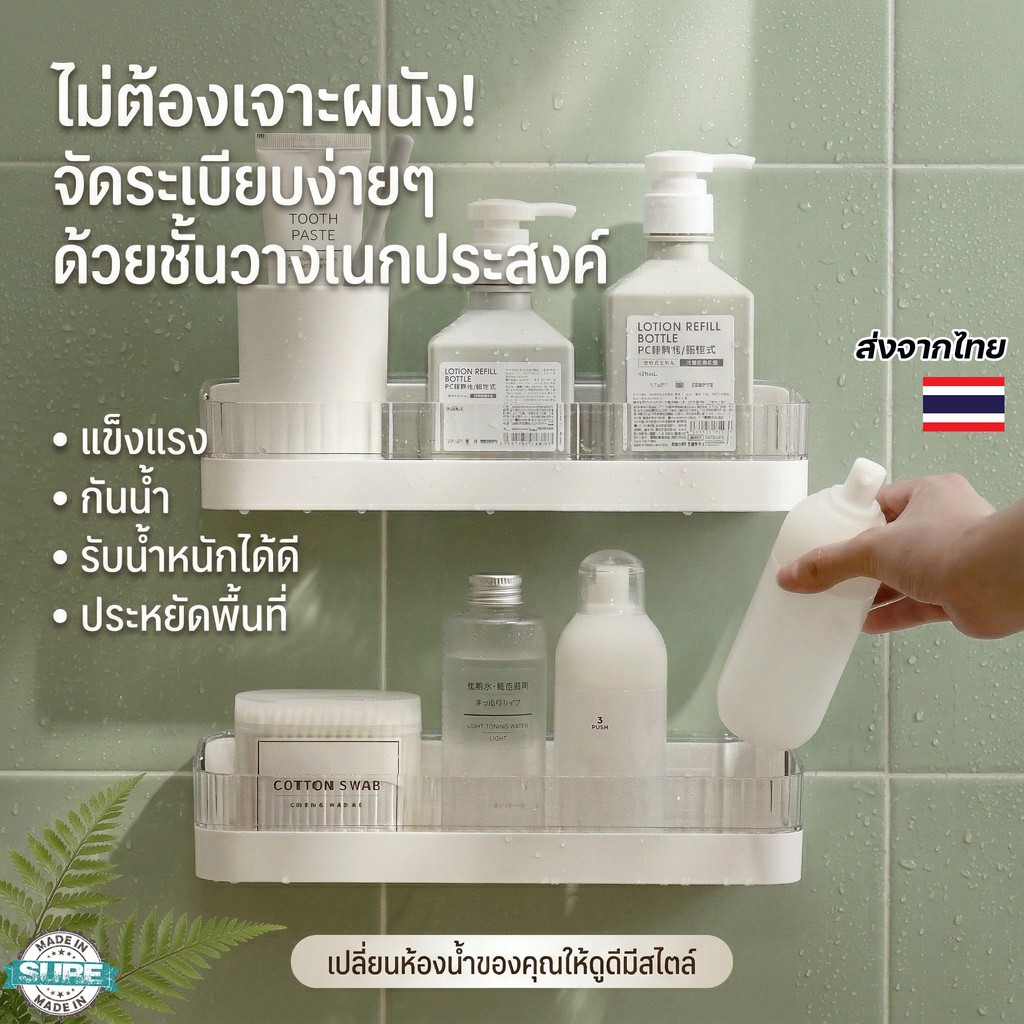 ชั้นวางของในห้องน้ำ ติดผนัง ชั้นวางอเนกประสงค์ ไม่ต้องเจาะ ที่วางสบู่ กันน้ำ แข็งแรง ใช้งานสะดวก