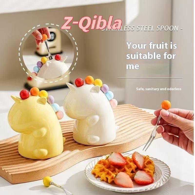 [Z-Qibla-t] Creative Kawaii ส้อมผลไม้สแตนเลสน่ารักชุดส้อมผลไม้ที่เก็บของในครัวชากาแฟส้อมขนมชุดของขวัญ