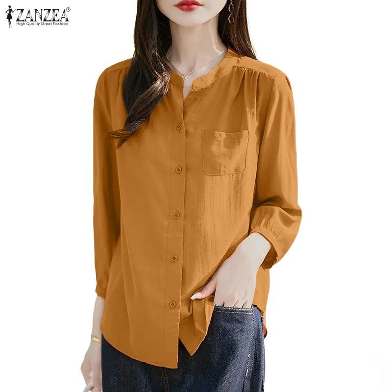 ZANZEA เสื้อผ้าแฟชั่นเกาหลีสำหรับผู้หญิง ออกแบบมาสำหรับต้นฤดูใบไม้ผลิ ทรงคอกลม แขนสาม_quarter สไตล์เสื้อปักกระดุมแถวเดียวสีทึบ