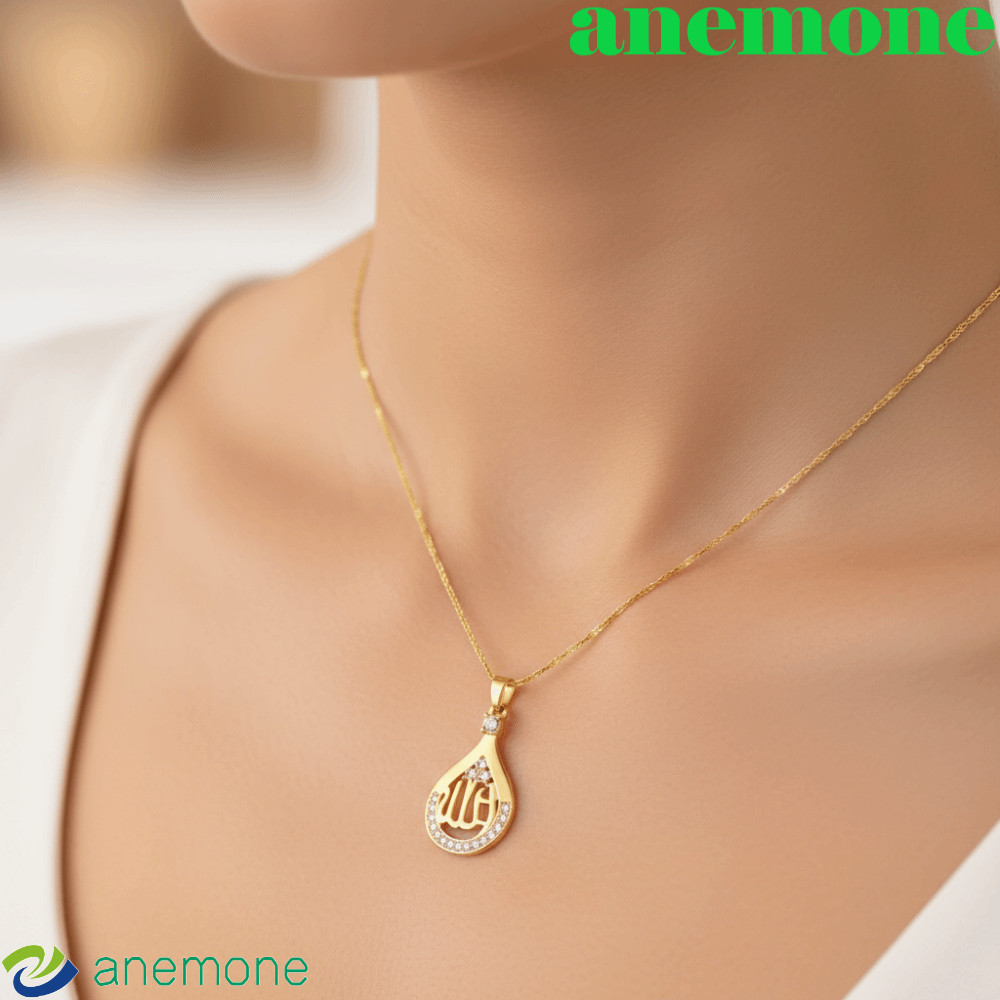AIMEONE Allah จี้สร้อยคอ, Drop Shape จี้สแตนเลสสร้อยคออิสลาม,แฟชั่นคริสตัลรอบจี้สัญลักษณ์ Quran สร้อ