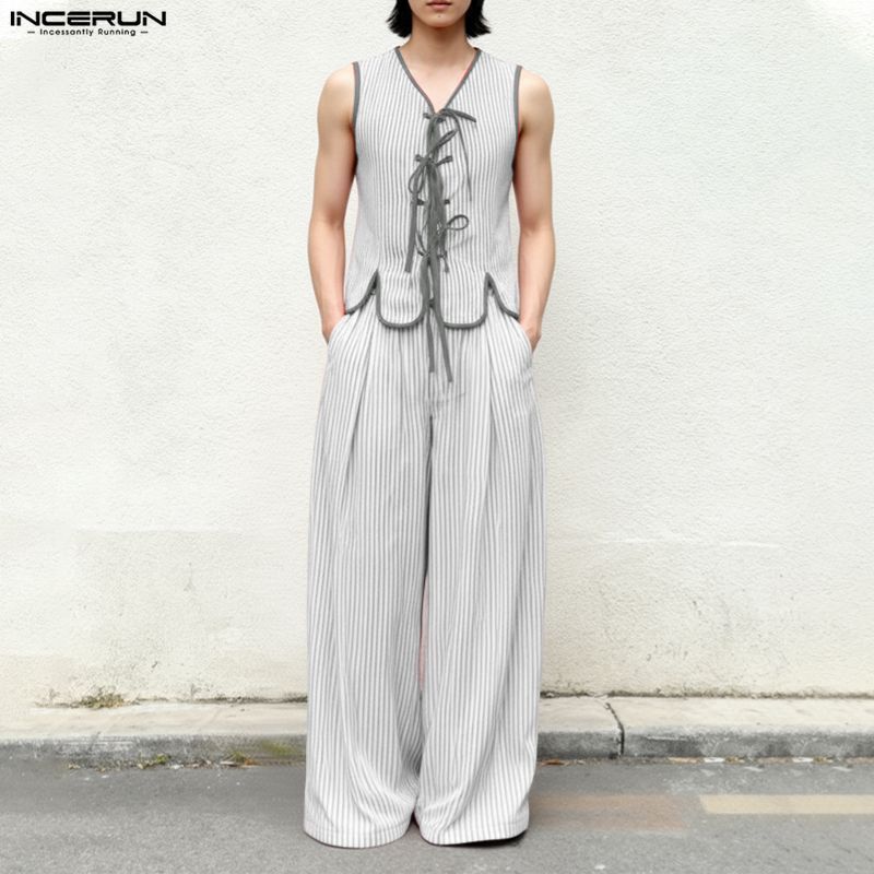 INCERUN Men Vintage Retro Casual V คอ Tie-Up Design แขนกุดบล็อกสีขากว้างชุดสูทสองชิ้น - รูปที่ 4