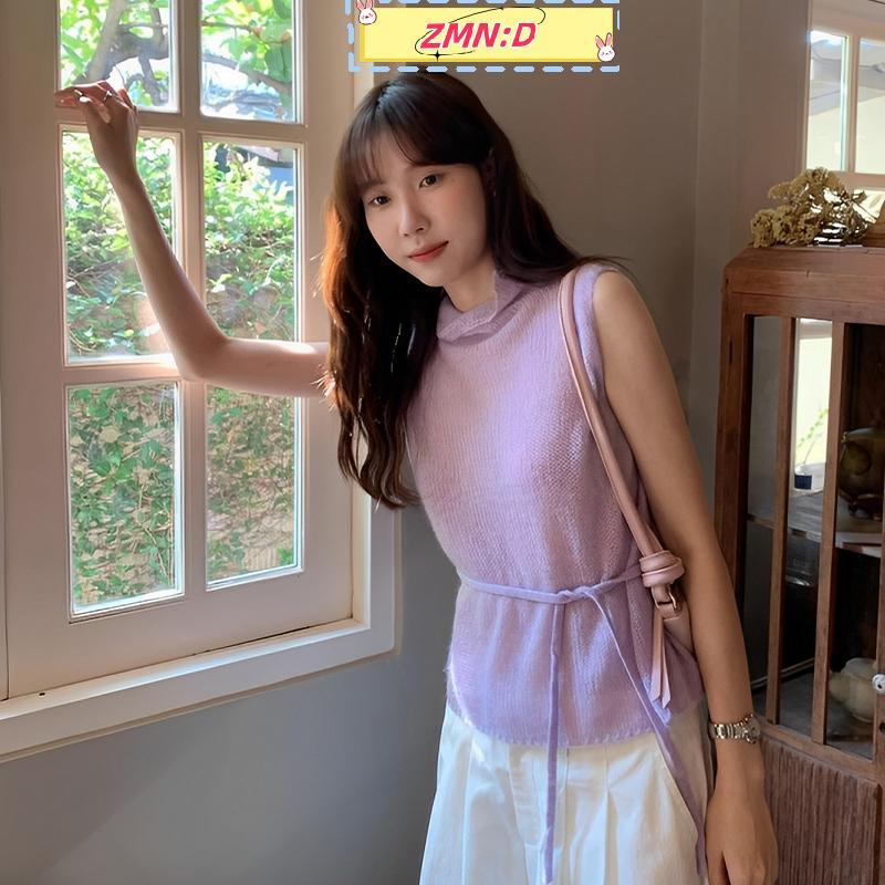 ZMN:D ครึ่งคอเต่า Lace-up เอวถักเสื้อกั๊กผู้หญิงแขนกุดบางฤดูร้อน Tops RRT
