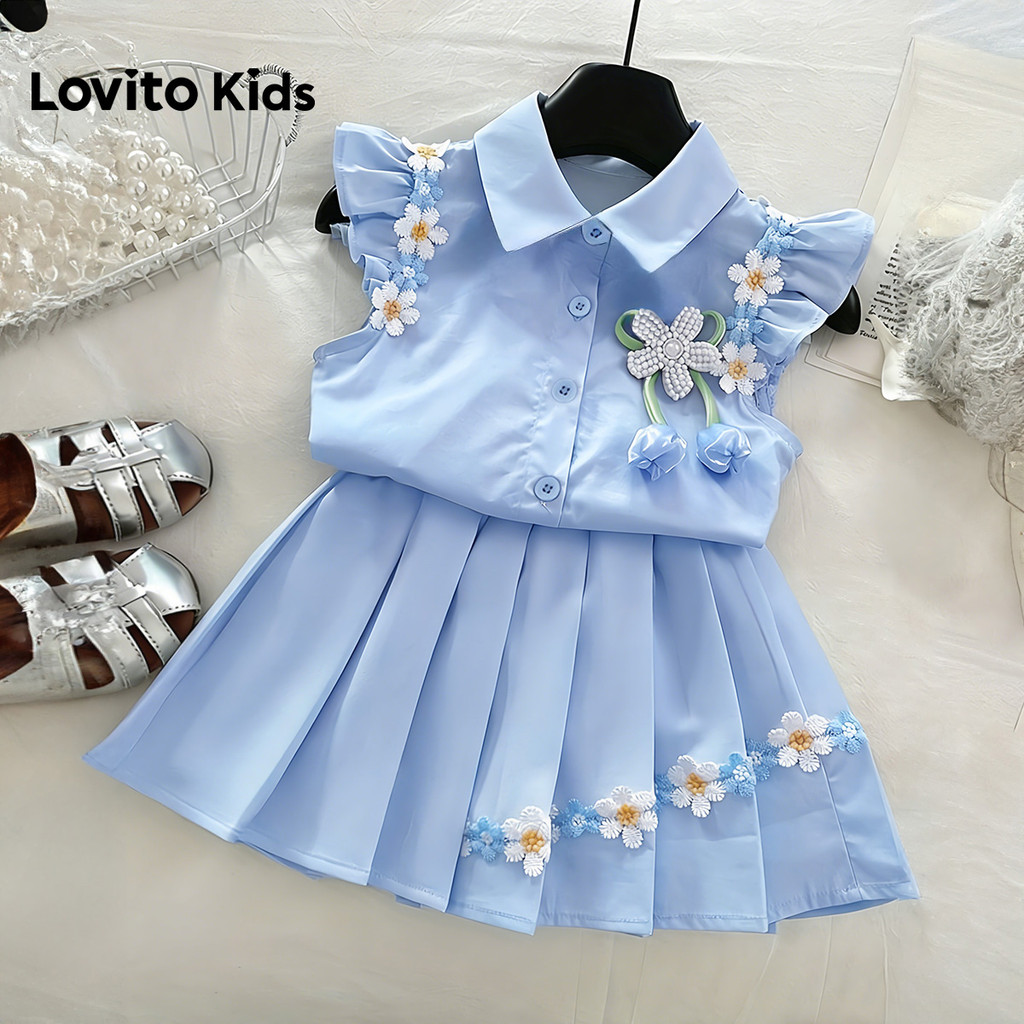 Lovito Kids  ชุดกระโปรงน่ารัก กระโปรงระบายจีบประดับลูกไม้สําหรับฤดูใบไม้ผลิ/ฤดูร้อน สีฟ้า ชุดกระโปรงสําหรับเด็กผู้หญิง L174LD158 - รูปที่ 2