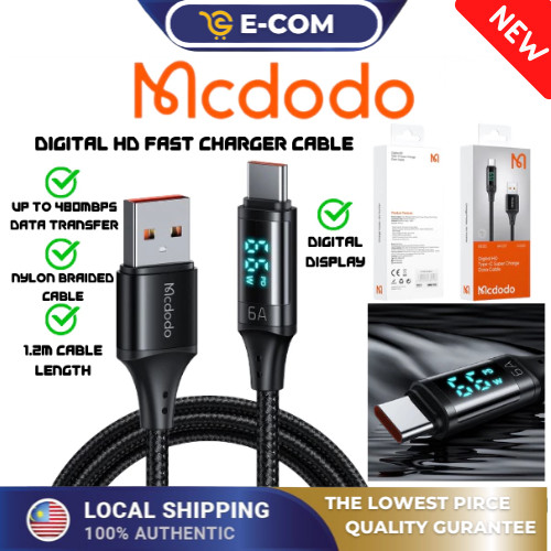 (1Yrs Wrranty) MCDODO Digital HD Data Cable Super Charge Fast Charging สีดํา 1.2m CA 1030 1060 1070 