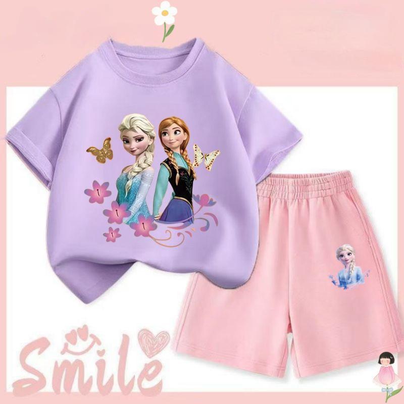 [COD] HOT（ชุดเสื้อยืดและกางเกงสั้นเด็ก）เสื้อยืดและกางเกงขาสั้นเด็กผู้หญิงแขนสั้น ชุด 2 ชิ้น ธีมเจ้าหญิงเอลซ่าแช่แข็ง เสื - รูปที่ 2