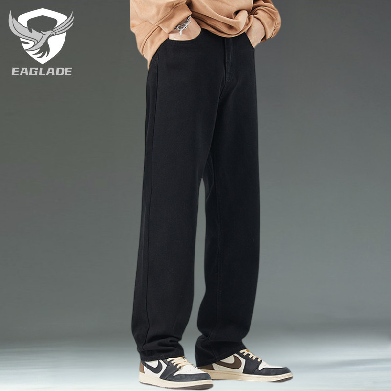 EAGLADE Wide Leg Mens Baggy Loose Vintage Jeans Pants for Men 8807 in Black C03