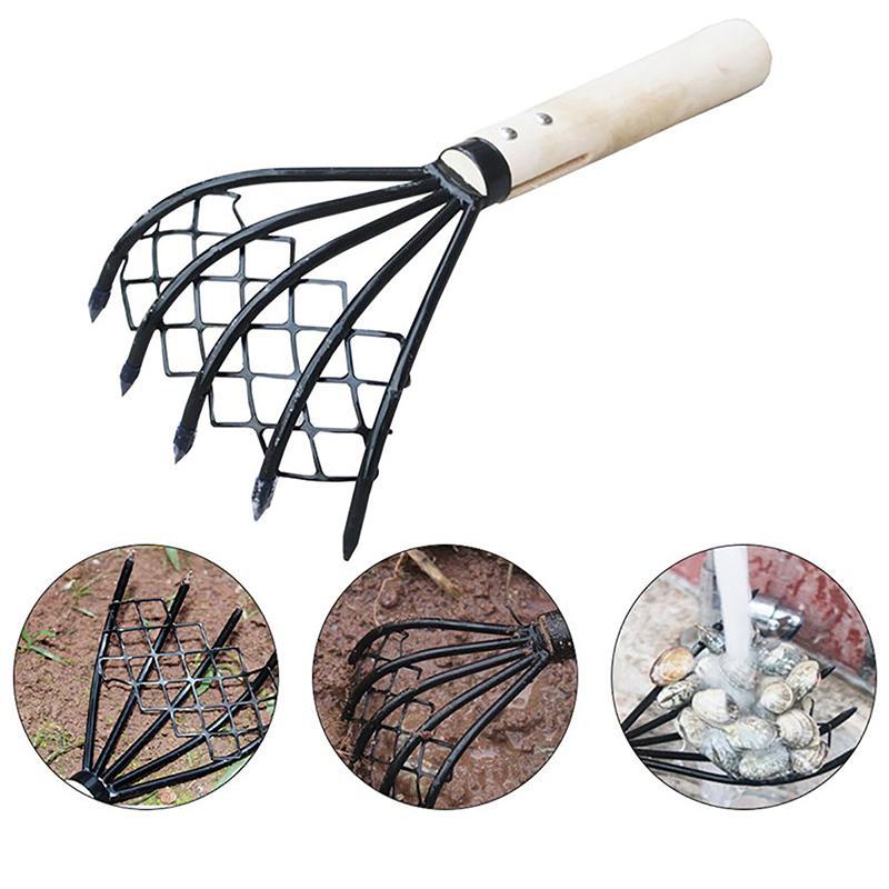 BBTH Clam Rake สุทธิ 5 Claw ไม้ Handle Rake ขุดเครื่องมือขุดอุปกรณ์ทะเล Weeding Farming เครื่องมือไม้ Handle PitchFake Vary