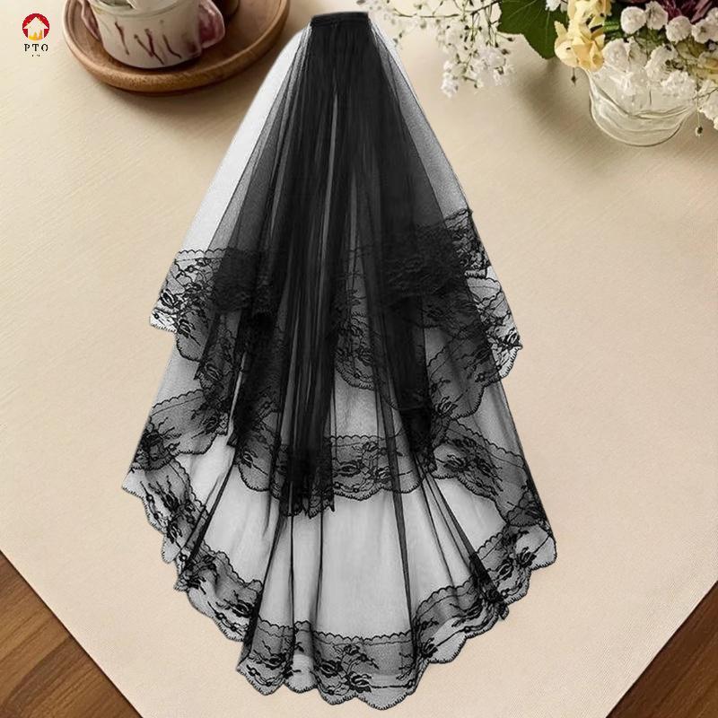 [pto] ผ้าคลุมหน้าเจ้าสาวแบบชั้นลูกไม้สองชั้น สำหรับงานแต่งงานและคอสเพลย์ พร้อมเครื่องประดับผม