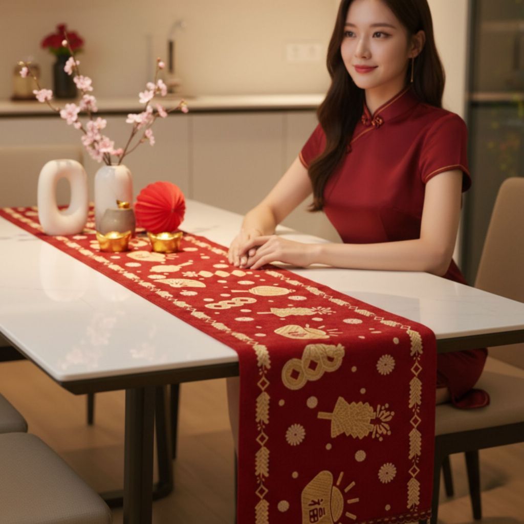 ตาราง Runner พรีเมี่ยมหรูหรา Imlek ตรุษจีน Prosperity Series 180x35 และ 200x35 ซม. Oriental CNY ความ