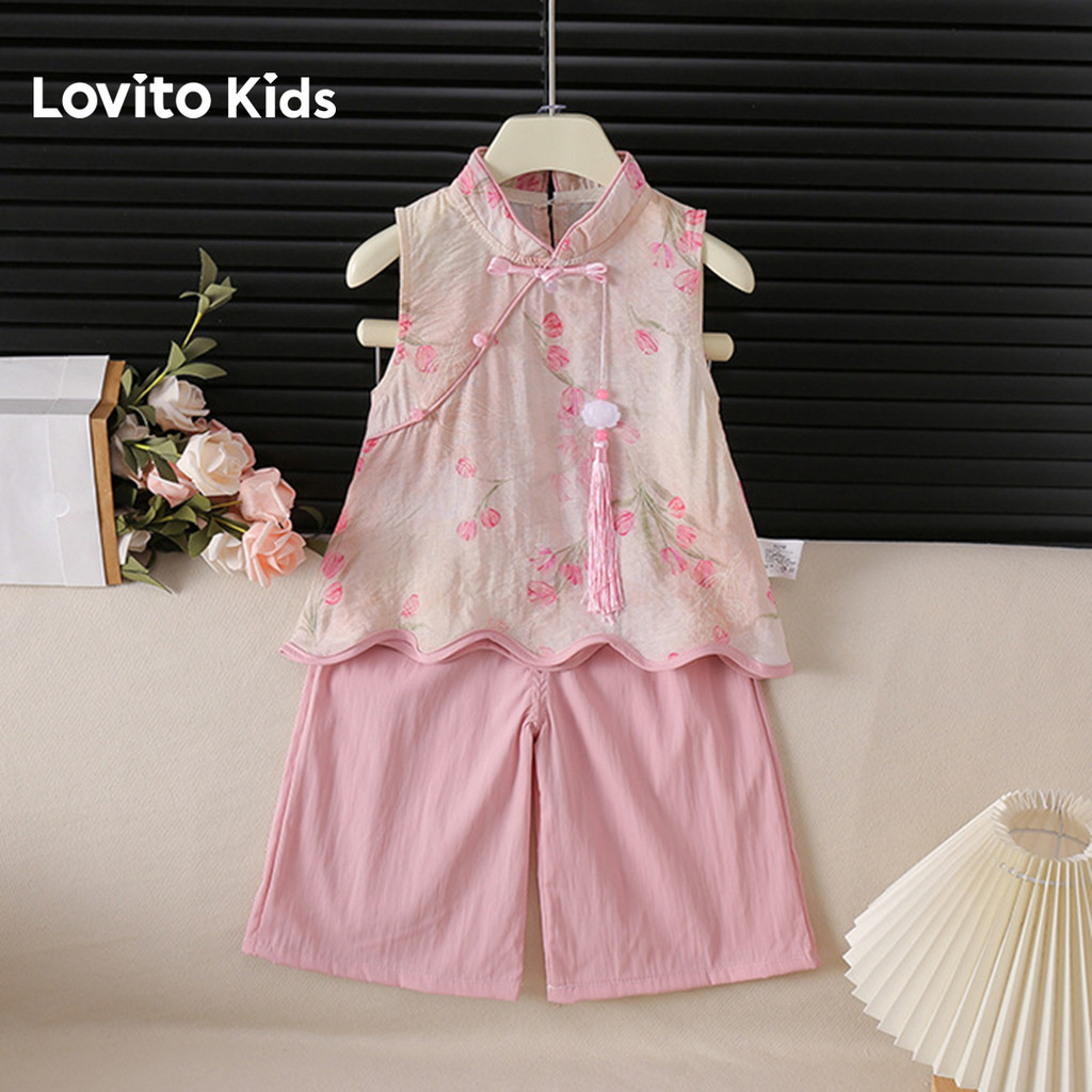 Lovito Kids กางเกงลําลอง ชุดกางเกงสีชมพู สไตล์จีนใหม่สําหรับฤดูใบไม้ผลิ/ฤดูร้อน LNL132049