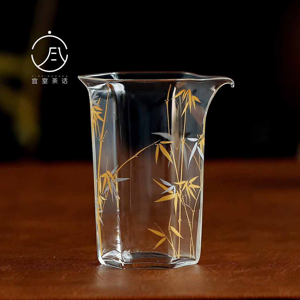 Yishi ชาคําทองเงินไม้ไผ่แก้วทนความร้อนยุติธรรมถ้วยครัวเรือนชาชาชงชุดถ้วยชาทะเลหกเหลี่ยมยุติธรรมถ้วย 
