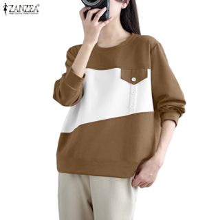 ZANZEA เสื้อแขนยาวสำหรับผู้หญิง สไตล์เกาหลี ดีไซน์คอนทราสต์แ…