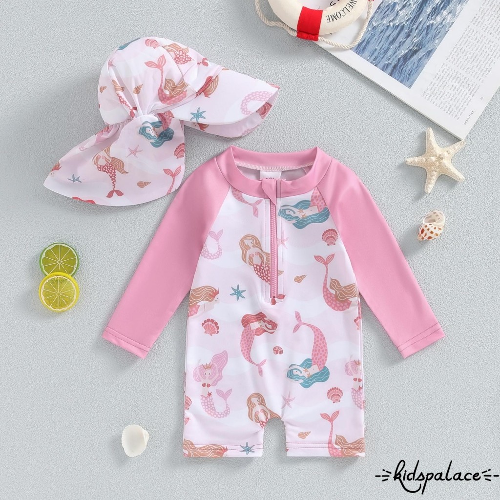 (จัดส่งในกรุงเทพฯ)-ชุดว่ายน้ําเด็กผู้หญิงชุด Sea Shell พิมพ์แขนยาว Rash Guard ชุดว่ายน้ําหมวกปีกกว้างหมวกกันแดดทารกเด็กวัยหัดเดิน Beachwear
