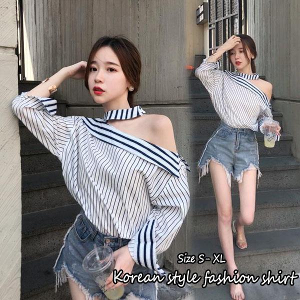 CHILI#เสื้อปาดไหล่ลายทางหรูหราสำหรับผู้หญิง เสื้อเชิ้ตแขนยาวที่ไม่มีสายหนัง เซ็กซี่สไตล์ฝรั่งเศส เสื้อแฟชั่นผู้หญิง#W488