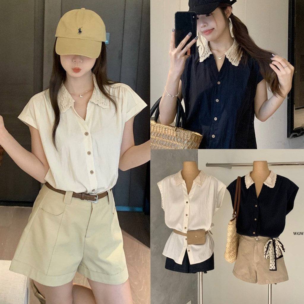 ❤ 🧵 🇰🇷 W8857 เสื้อเชิ้ตแขนกุด  แต่ปกผ้าถัก ผ้าดีใส่สบาย ทรงสวย สีสวย ใส่แล้วดูดีมากๆค่า แฟชั่นเกาหลี TAG WG.WE 🧵🧡