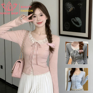 เสื้อยืดแขนยาวแฟชั่นผู้หญิง ดีไซน์ลูกไม้โบว์ สำหรับลุคหวานๆ