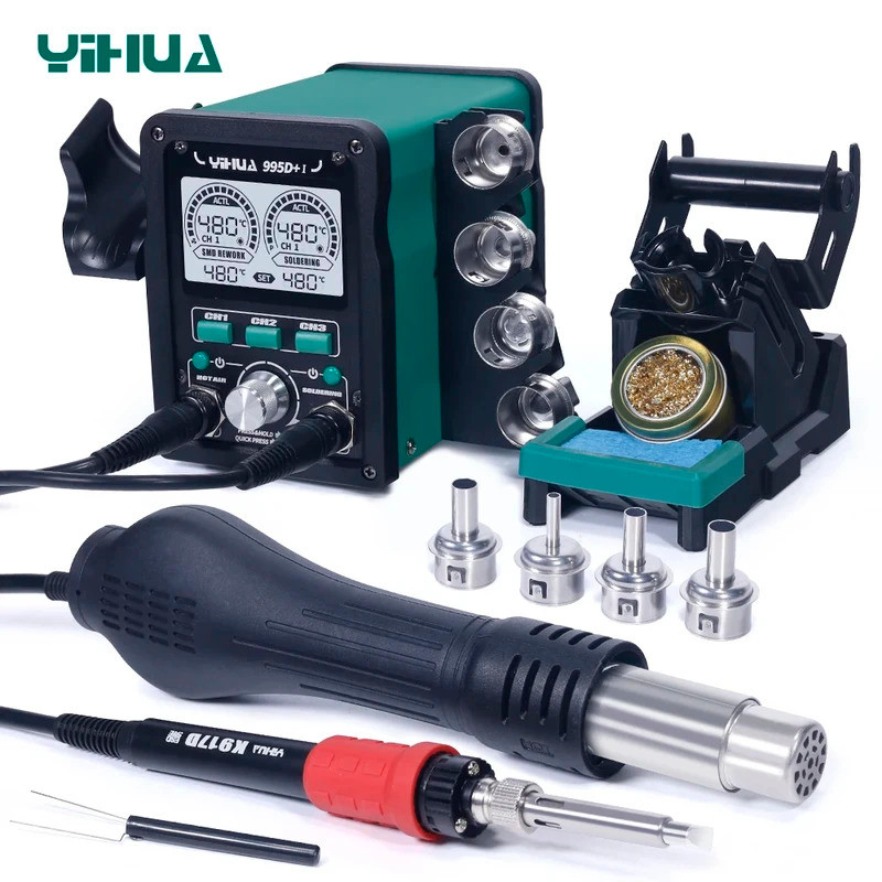 YIHUA 995D + I ใหม่อัพเกรดหัวฉีด Easy Plug-pull Hot Air Rework Station 110W สถานีเหล็กบัดกรีพร้อมจอแ