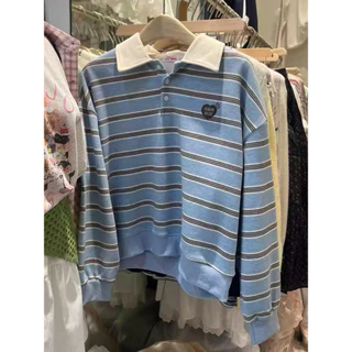 Solovely โอเวอร์ไซซ์ เสื้อสเวตเตอร์ ผู้หญิง สไตล์เกาหลี ปักลาย แขนยาว ลายทาง เสื้อ