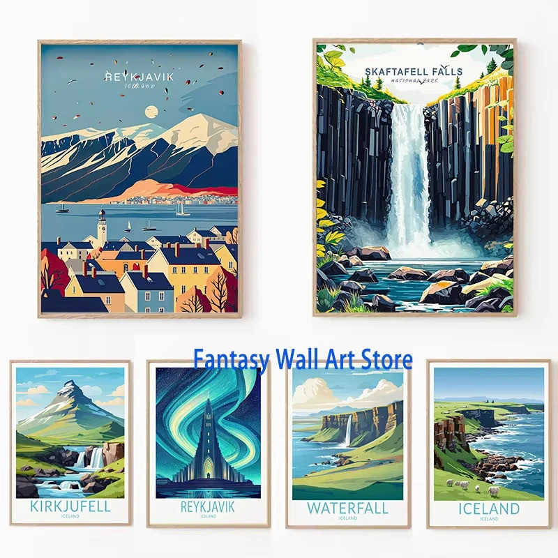 ICELAND โปสเตอร์เดินทาง Iceland Reykjavík Kirkjufell Skafell Falls Landscape ภาพวาดผ้าใบภาพผนัง Trav