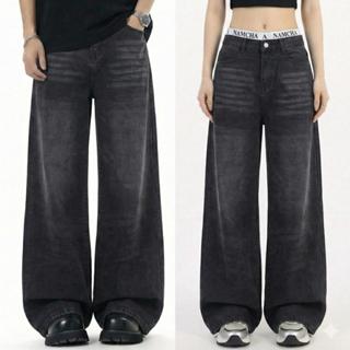 NAMCHA กางเกงยีนส์เอวสปอร์ตทรงกระบอกกลาง กางเกงยีนส์เอวสปอร์…