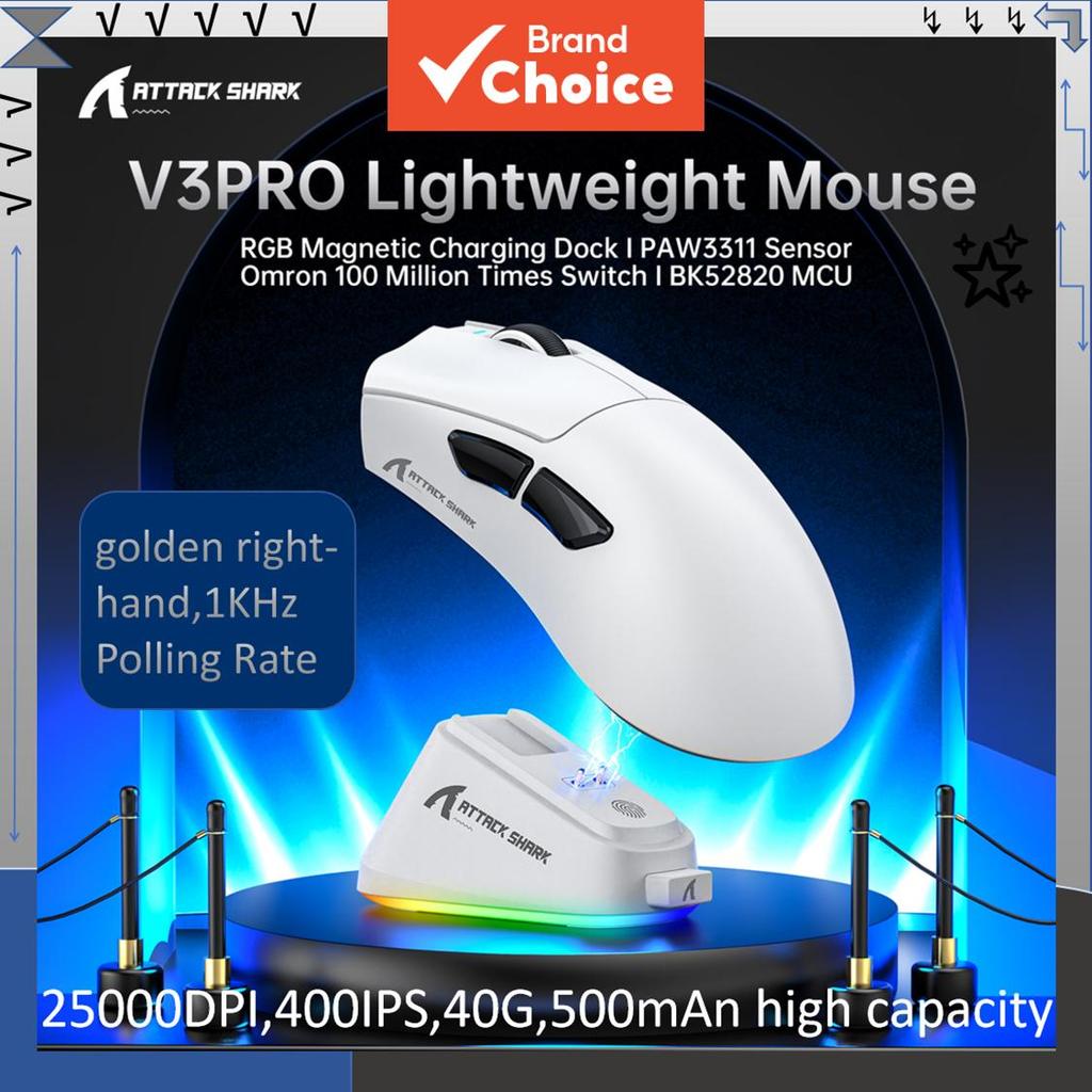  เมาส์เกมมิ่งน้ําหนักเบา ATTACK SHARK V3PRO มาพร้อมเซ็นเซอร์ PAW3311, DPI สูงสุด 25000, IPS 400, การเร่งความเร็ว 40G, สวิตช์ Omron อายุใช้งาน 100 ล้านคลิก, อัตราโพลลิ่ง 1KHz, MCU BK 52820, ความจุแบตเตอรี่ 500mAh และระบบเชื่อมต่อสามโหมด
