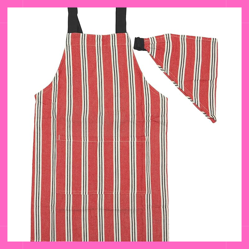 Kids Apron Set with Triangle Scarf, Ivy Stripe Red, Size 130-140cm, Great for Cooking Classes and Ma