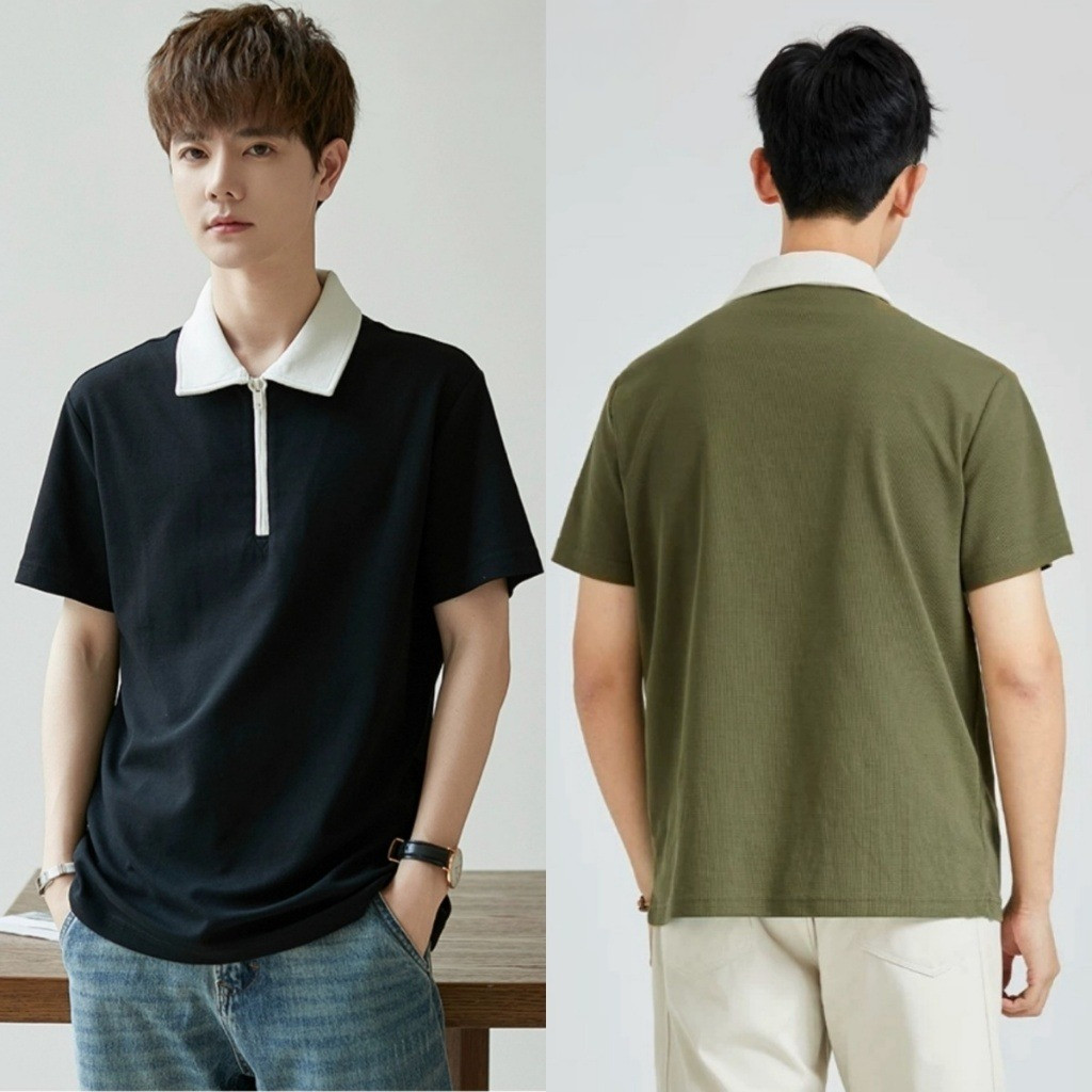 Chaistyle เสื้อโปโลสีตัดกันครึ่งซิปผู้ชายแขนสั้นปกหลวมสบายๆสำหรับฤดูร้อน