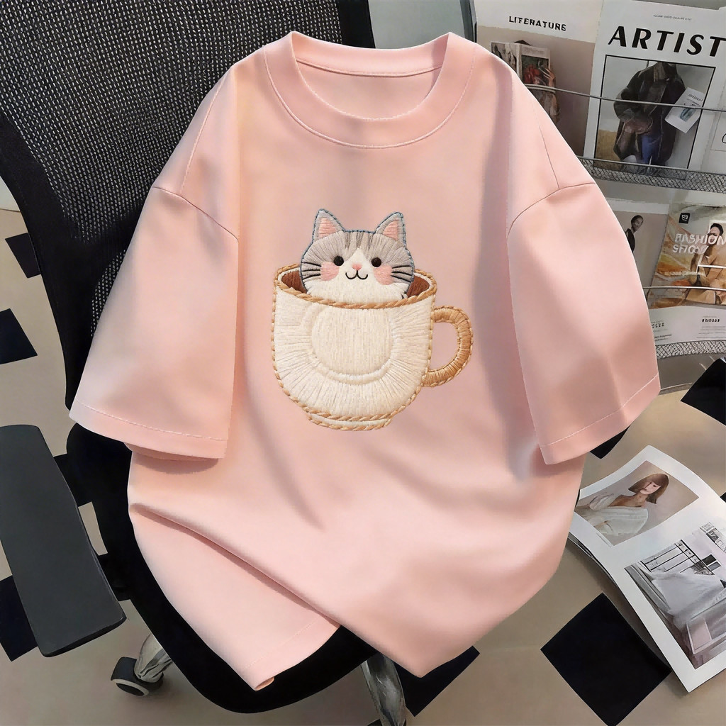 TEE·SHOP🍀เสื้อยืด oversize เสื้อเท่ๆ เกาหลี "Cup Cat" ไม่หดตัว เสื้อแฟชั่นใ เกาหลีสไตล์ พิมพ์ลาย ผ้านิ่มใส่สบาย COD