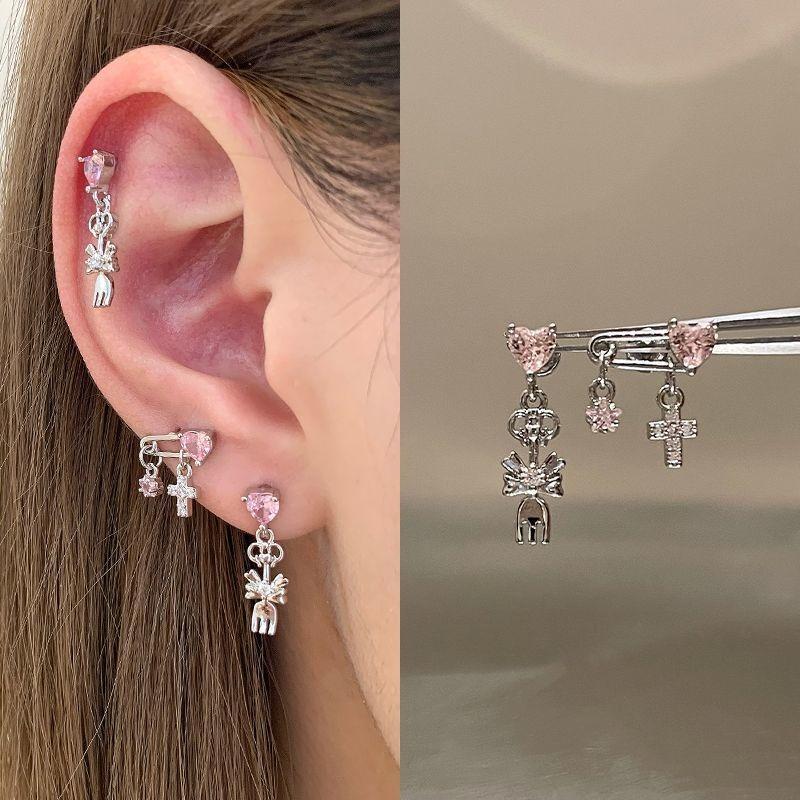 สร้อยหูสไตล์เกาหลีสีชมพูพร้อมZirconia แบบStuds เหมาะสำหรับนักเรียนหญิง ของขวัญแฟชั่น