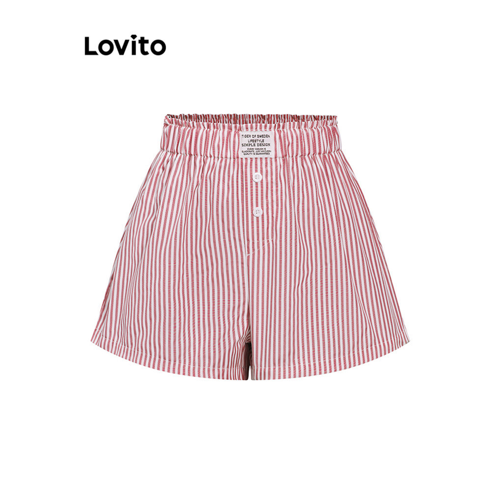 (แคชชวล) Lovito กระดุมลายทางสั้นพื้นฐานฤดูร้อน/ฤดูใบไม้ผลิสั้นสําหรับผู้หญิง L105MD129