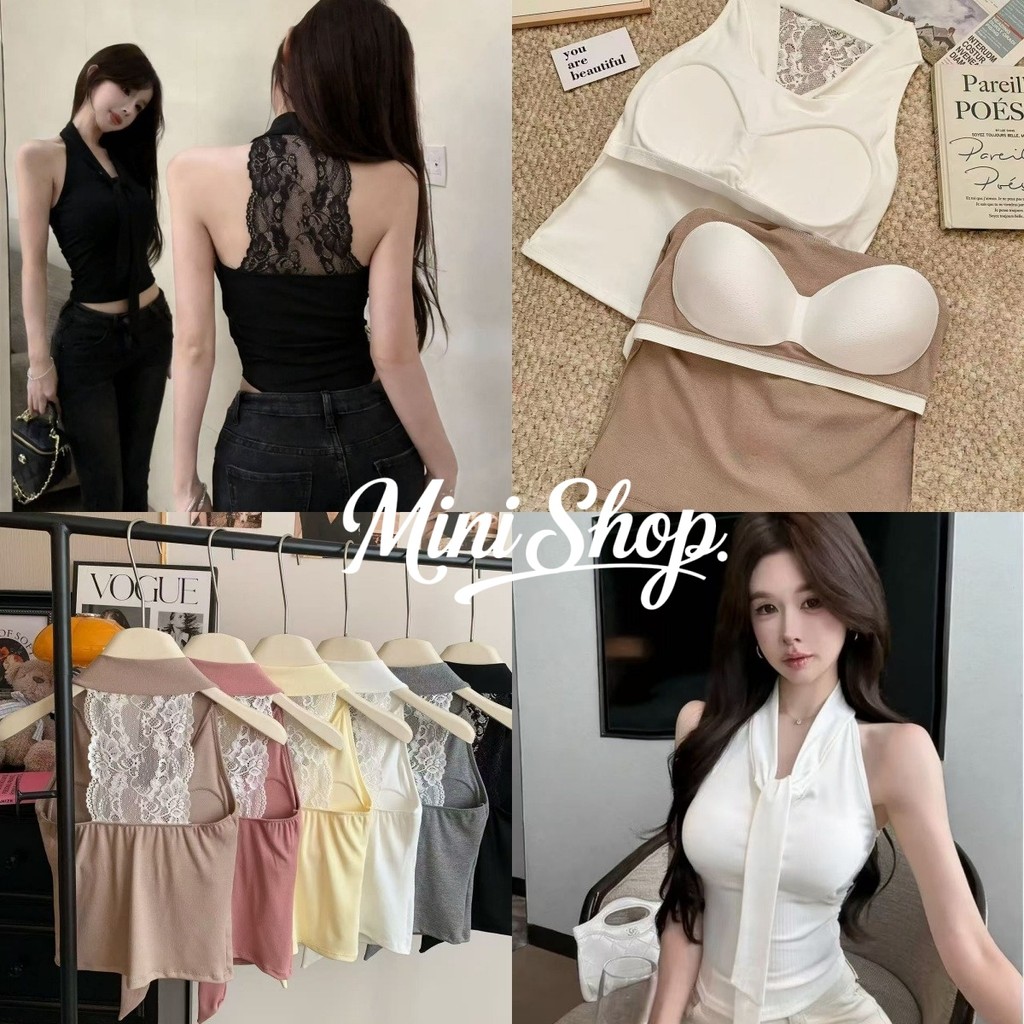 Mini shop🌸พร้อมส่ง🌸(FY33057) เสื้อคล้องคอ แต่งเน็กไท เข้ารูป มีฟองน้ำ ใส่สบาย ใส่สบาย สไตล์เกาหลี
