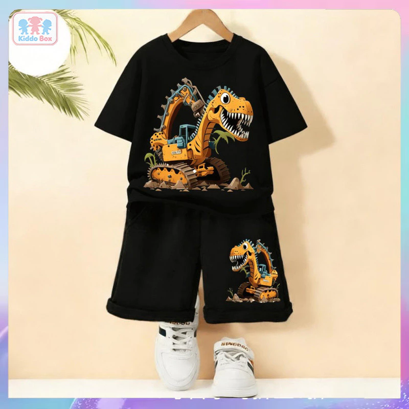 ชุดเสื้อ+กางเกงขาสั้นเด็กชาย ลายไดโนเสาร์รูปรถขุดสีเหลือง สไตล์เท่ห์ๆ คุณภาพดี ใส่สบาย