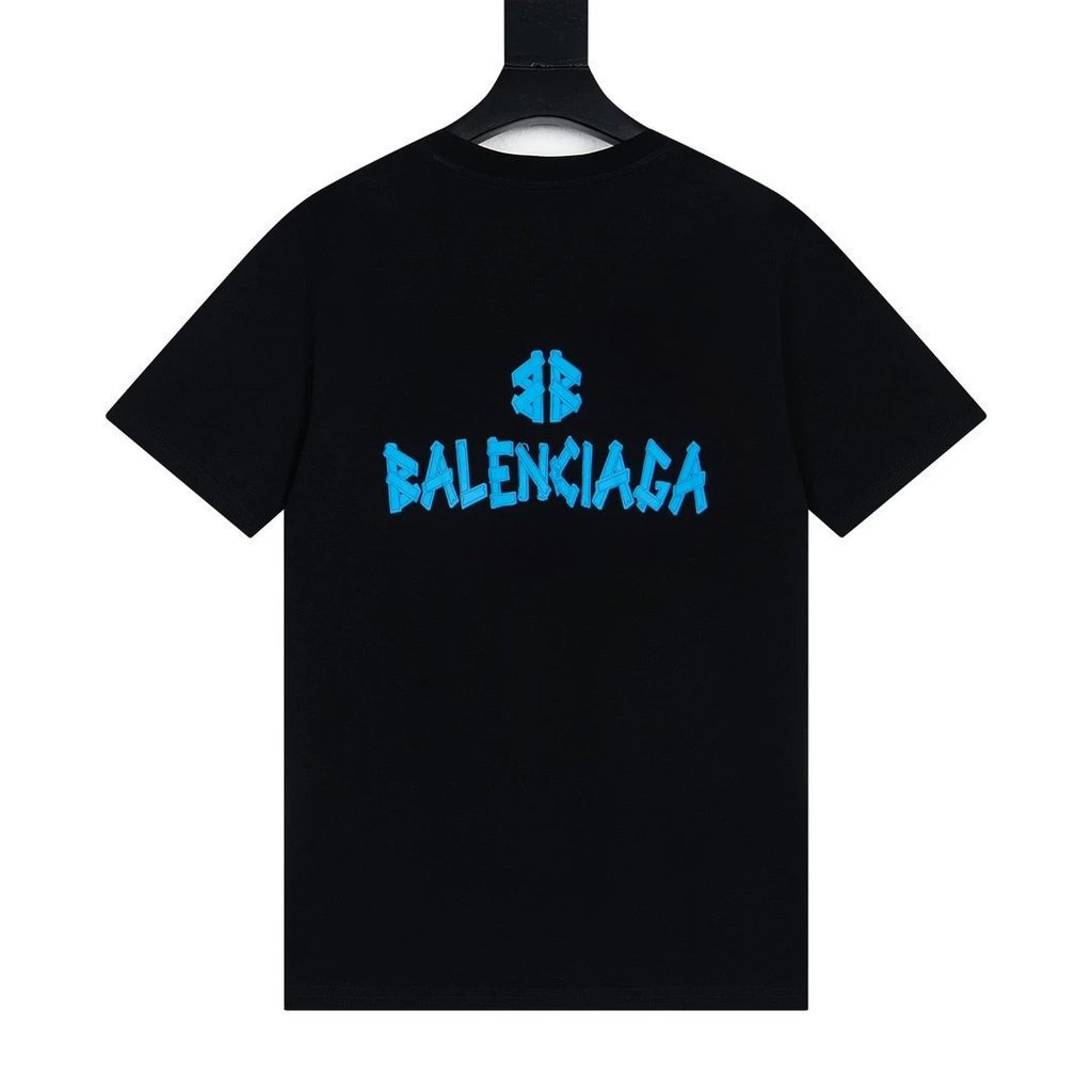 BALENCIAGA/BALENCIAGA คลาสสิกรอบคอแขนสั้นเสื้อยืดผู้ชายผู้หญิงผ้าฝ้าย 100% ที่กําหนดเองเว็บไซต์อย่าง