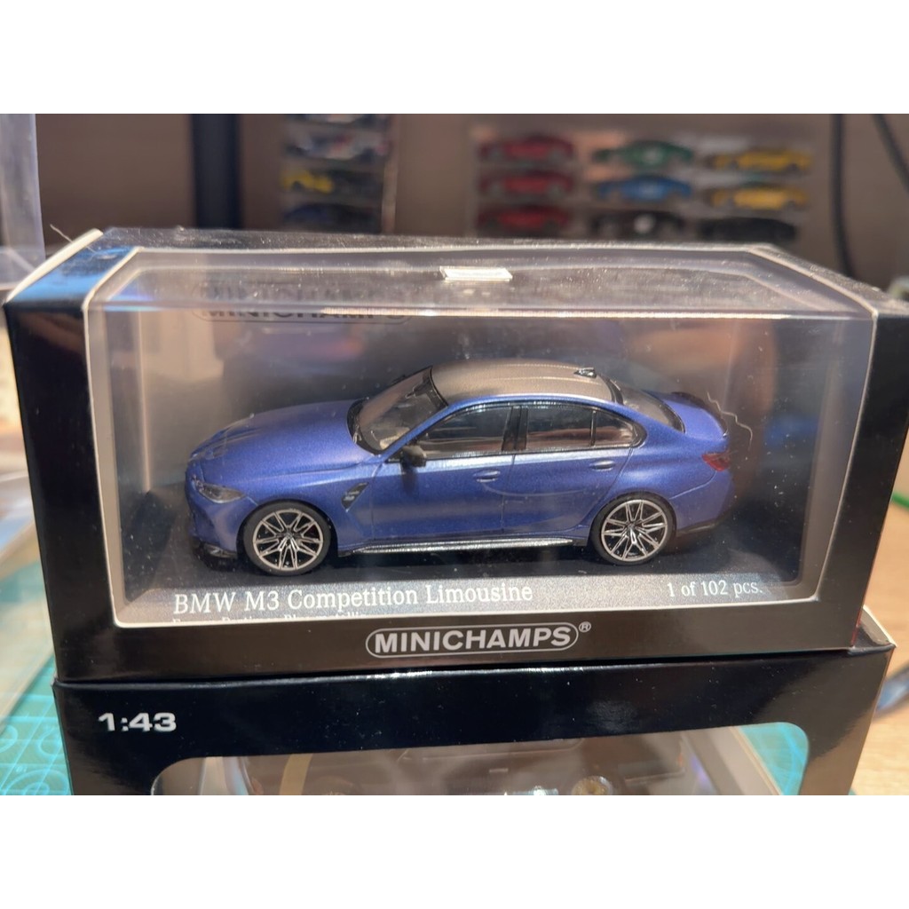 Minichamp Mini Cut 1/43 BMW BMW G80 M3 Frozen portimao blue metallic Frosted Polti Mandarin blue Glo