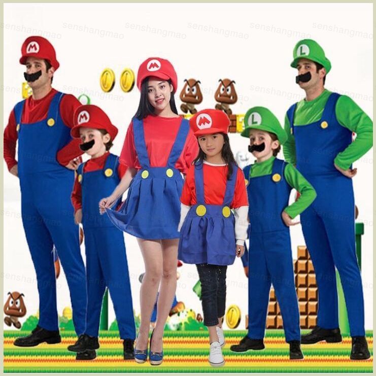 PS2 Super Mario คอสเพลย์เครื่องแต่งกายเสื้อผ้า + หมวก + ชุดอุปกรณ์เสริมสําหรับเด็กและผู้ใหญ่ SP2