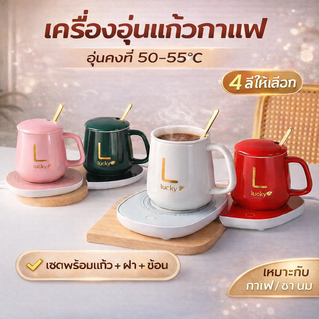 ชุดเครื่องอุ่นร้อนพร้อมแก้วและฝาปิด พร้อมกล่องขอ แก้วอุ่นร้อน ตัวเครื่องจะรักษาอุณหภูมิความร้อนอยู่ที่ 50-55 ถ้วยเซรามิ