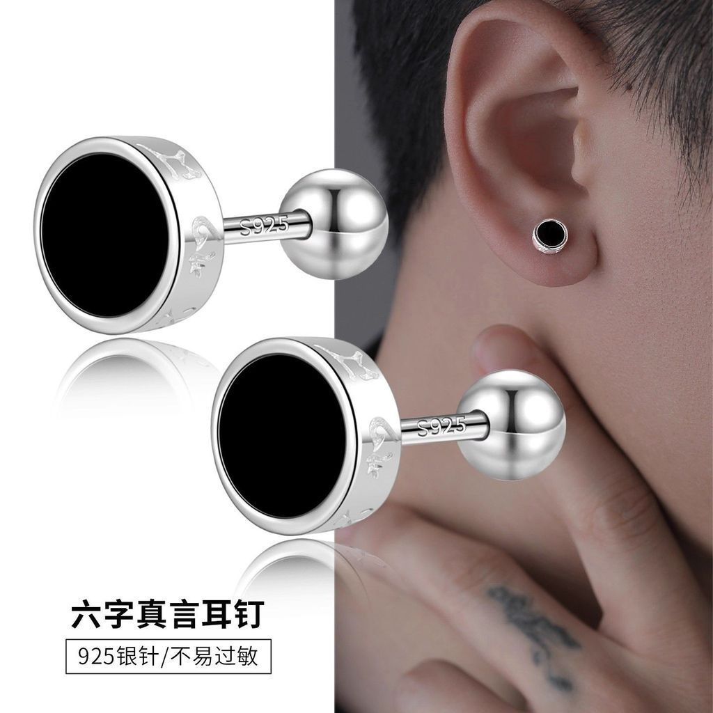 TB Spot Goods#S925Sterling silver six mantras stud earrings for men, trendy and unique ear bone earr