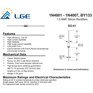 แท้ LGE Diode ไดโอด 10/100ชิ้น 1N4001 1N4002 1N4003 1N4004 1N4005 1N4006 1N4007 1A DO-41 ร้านในไทย มือ1
