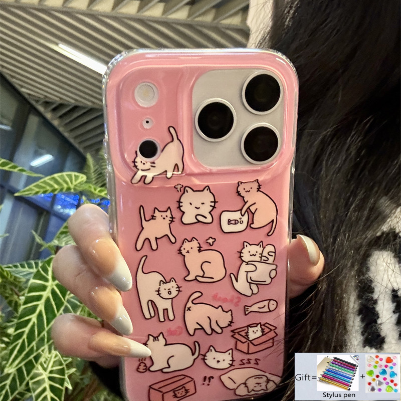 สําหรับ ไอโฟน 17 15 13 14 16 มือโปร สูงสุด กรณีสไตล์เกาหลี อิน สาวน่ารักหัวใจสีชมพูเต็มหน้าจอแมวแมวเ
