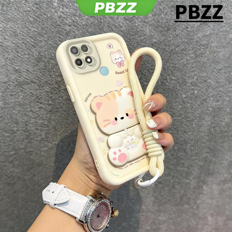 PBZZ PBZZ สําหรับ oppo a15 a15s A31 a53 a54 a55 a35 4g เคสโทรศัพท์ Softcase Cover ออกแบบใหม่ความงามน่ารักแมวแต่งหน้ากระจกผู้ถือและเชือกเส้นเล็กสําหรับชายสีดํา JTDTMZJ04