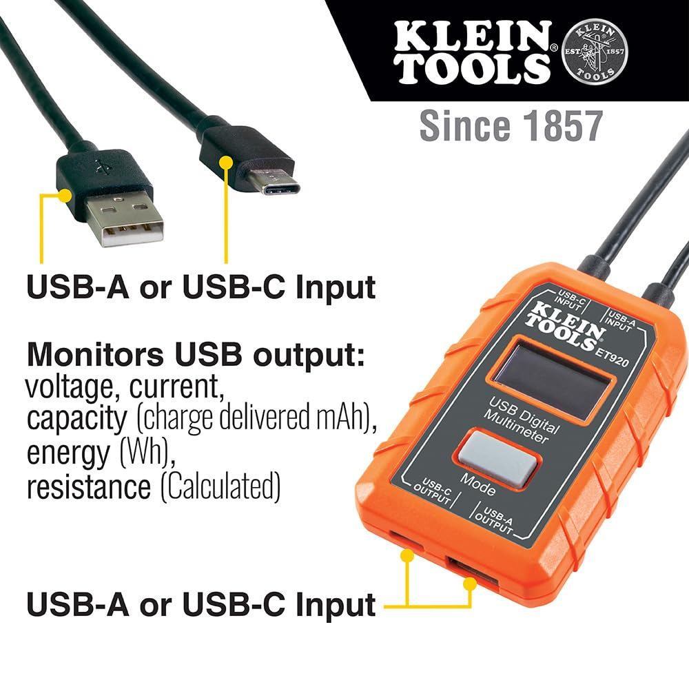 Klein Tools ET920 USB Power Meter, USB-A และ USB-C Digital Meter สําหรับแรงดันไฟฟ้า ปัจจุบัน ความจุ 