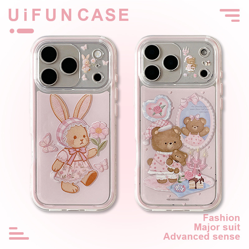น่ารักกระต่ายหมีผีเสื้อดอกไม้เคสโทรศัพท์เข้ากันได้สําหรับ ไอโฟน 17 16 15 14 มือโปร สูงสุด 13 กันกระแทก ทีพียู 2 ใน 1 ปกหลังป้องกันการตกป้องกันเปลือกโ