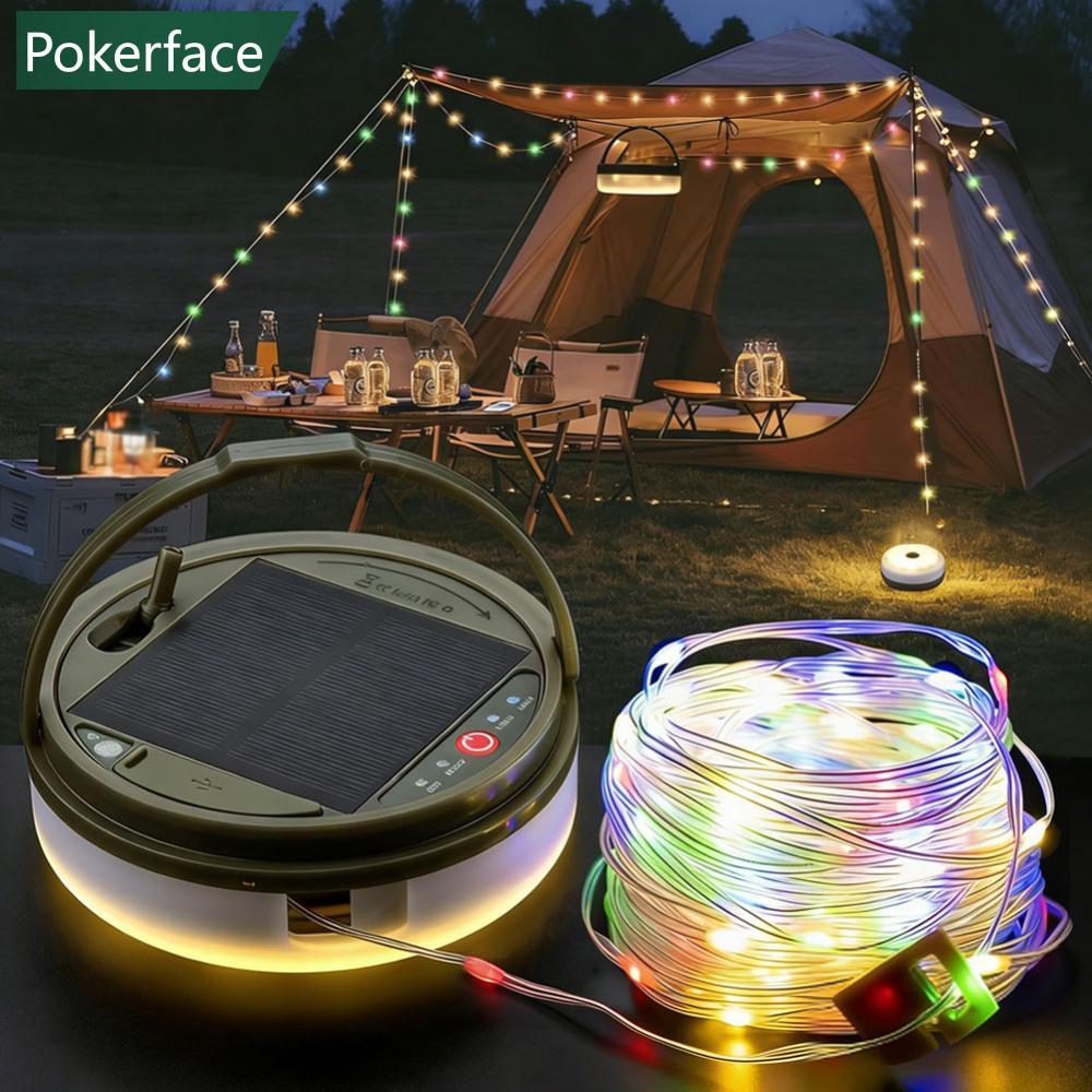 POKERFACE พลังงานแสงอาทิตย์ Camping String ไฟ 8 โหมดแสง RGB บรรยากาศไฟฉาย LED พร้อมตะขอเต็นท์กลางแจ้
