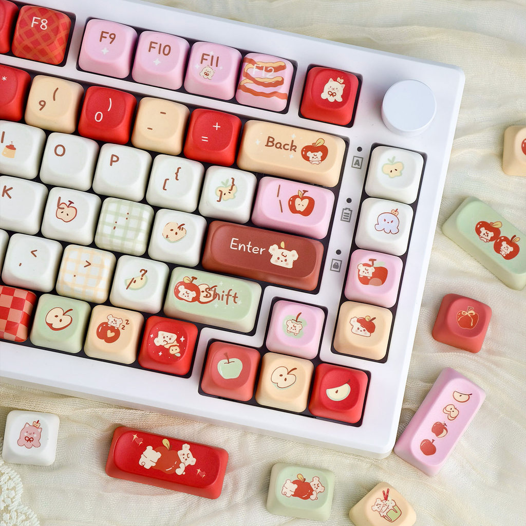 /ไทย/เกาหลีMAIMOOO Bear Apple Keycaps PBT 120 Keys MOA/Cherry Profile Dye-sub Color-blocking Keycaps Aula F75 F99 RK100 การ์ตูนน่ารักกัด Apple Keycap