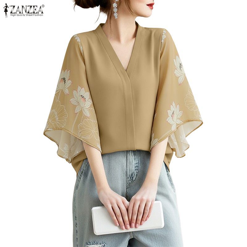 ZANZEA เสื้อลายพิมพ์แขนบาน สไตล์เกาหลีวินเทจ สำหรับผู้หญิง ขนาดหลวมพอดีตัว