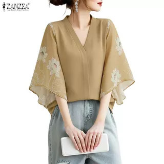 ZANZEA ใส่ ซานเซีย ผู้หญิงเกาหลีหรูหราวินเทจคอ โวลต์ 3/4 แขนบานดอกไม้พิมพ์หลวมพอดีเสื้อ